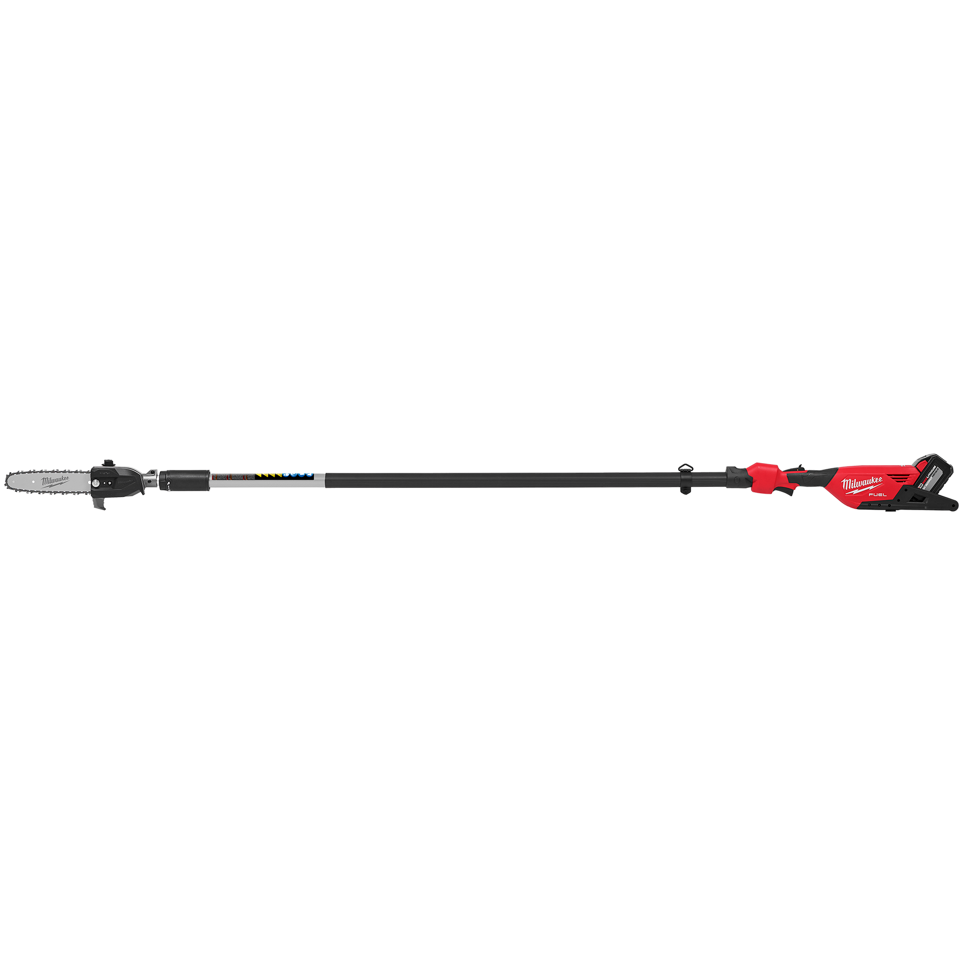 Red and black cordless electric telescoping pole saw with brushless motor for outdoor power tools and home improvement
