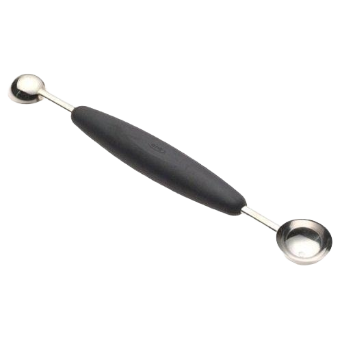 Double-ended melon baller with black ergonomic handle for precise scooping in kitchen utensils and gadgets collections
