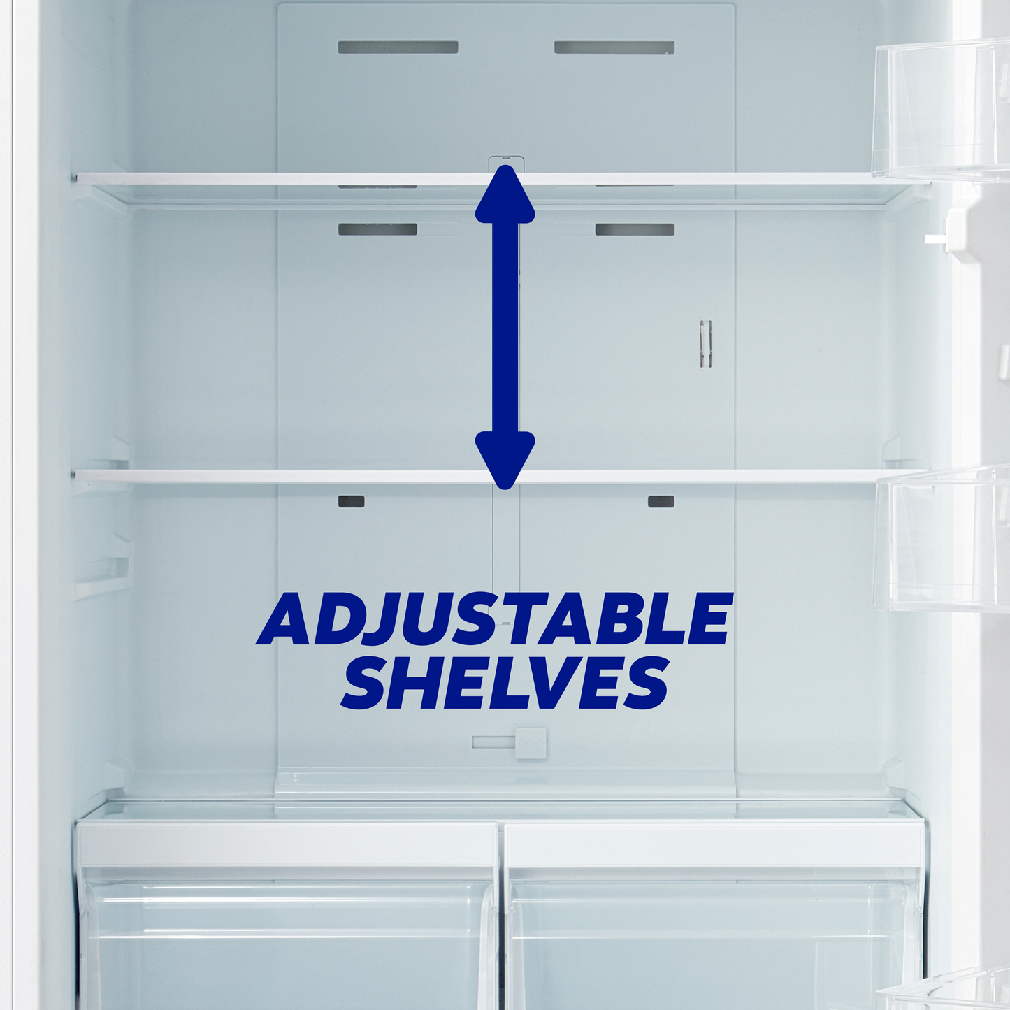 Interior view of white bottom freezer refrigerator with adjustable shelving for versatile storage in appliances collection