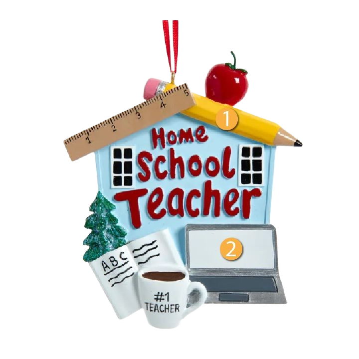 Blue home-shaped Christmas ornament with pencil, ruler, apple, laptop, and coffee cup for teacher gifts under $50