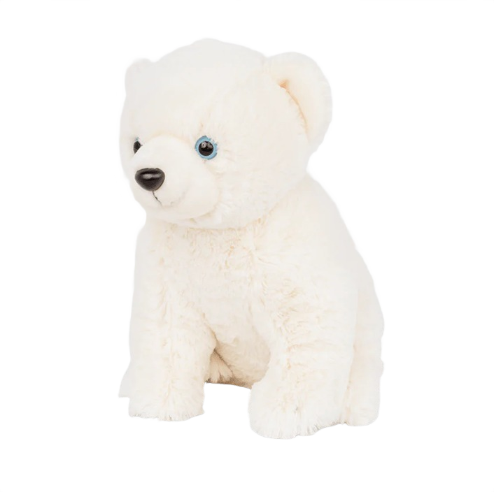 Soft white plush polar bear toy with blue eyes and black nose sitting upright