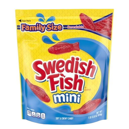 Resealable family size bag of Swedish Fish Mini red chewy candy in colorful packaging from the Candy category