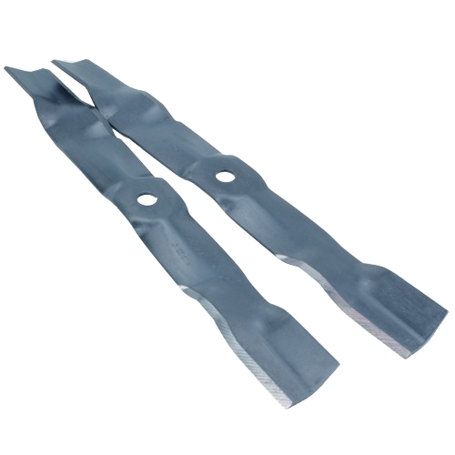Pair of metallic mulching mower blades with central mounting holes for lawn care and landscaping tools replacement