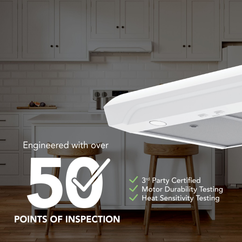 White under cabinet range hood featuring advanced motor and heat testing for durable kitchen ventilation in home improvement use