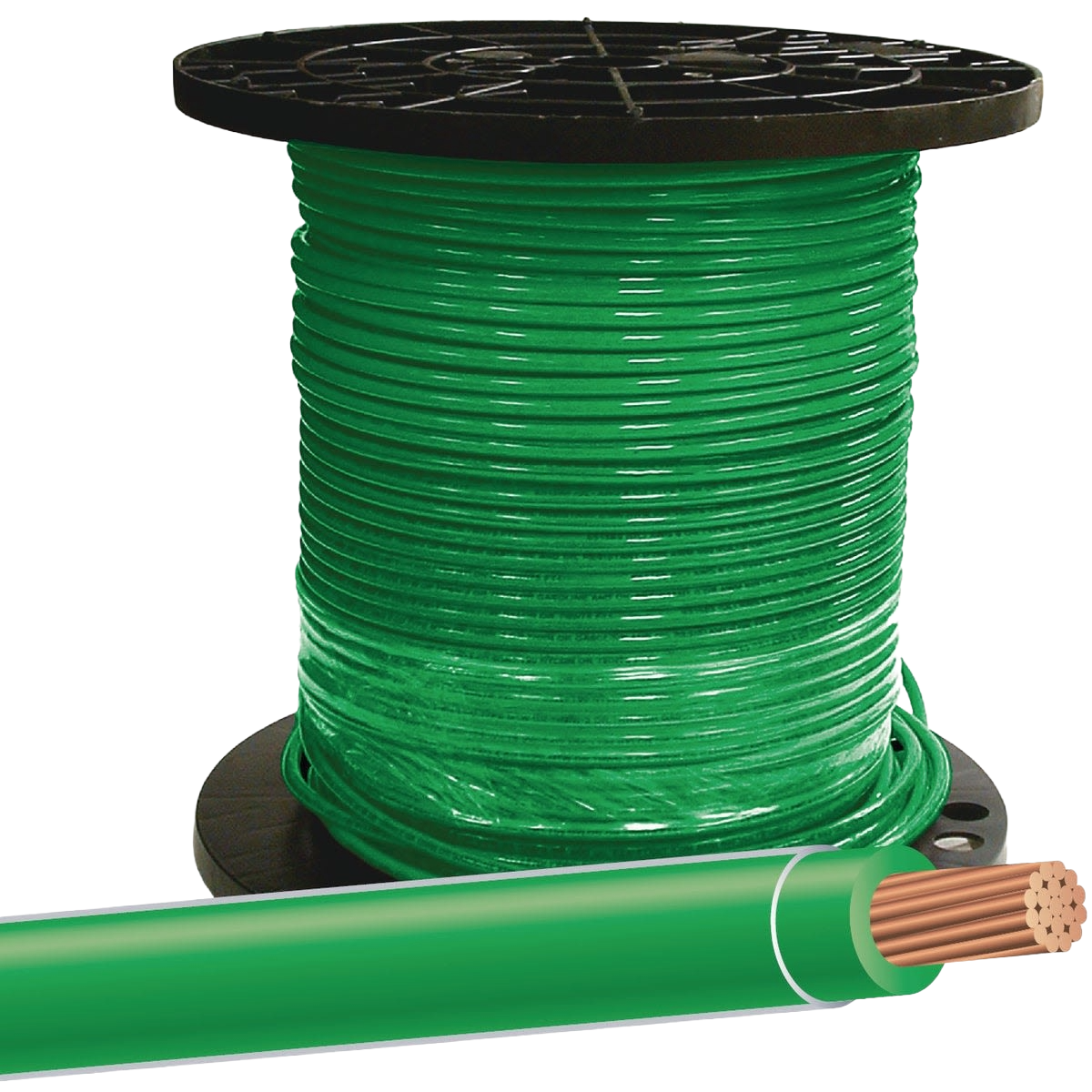 Spool of green 8 AWG stranded electrical wire for wiring and home improvement applications.