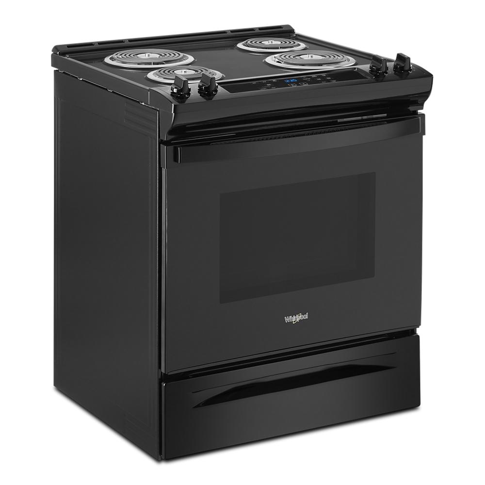 Black Whirlpool electric slide-in range with four coil burners and digital controls for kitchen appliances collection