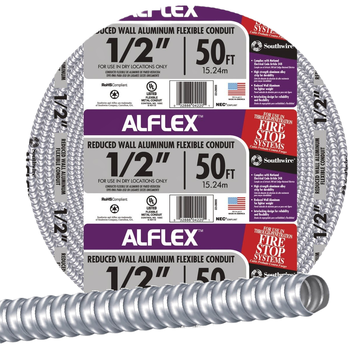 Coiled aluminum flexible conduit with clear labels for electrical and fire stop system use in conduit and electrical collections.