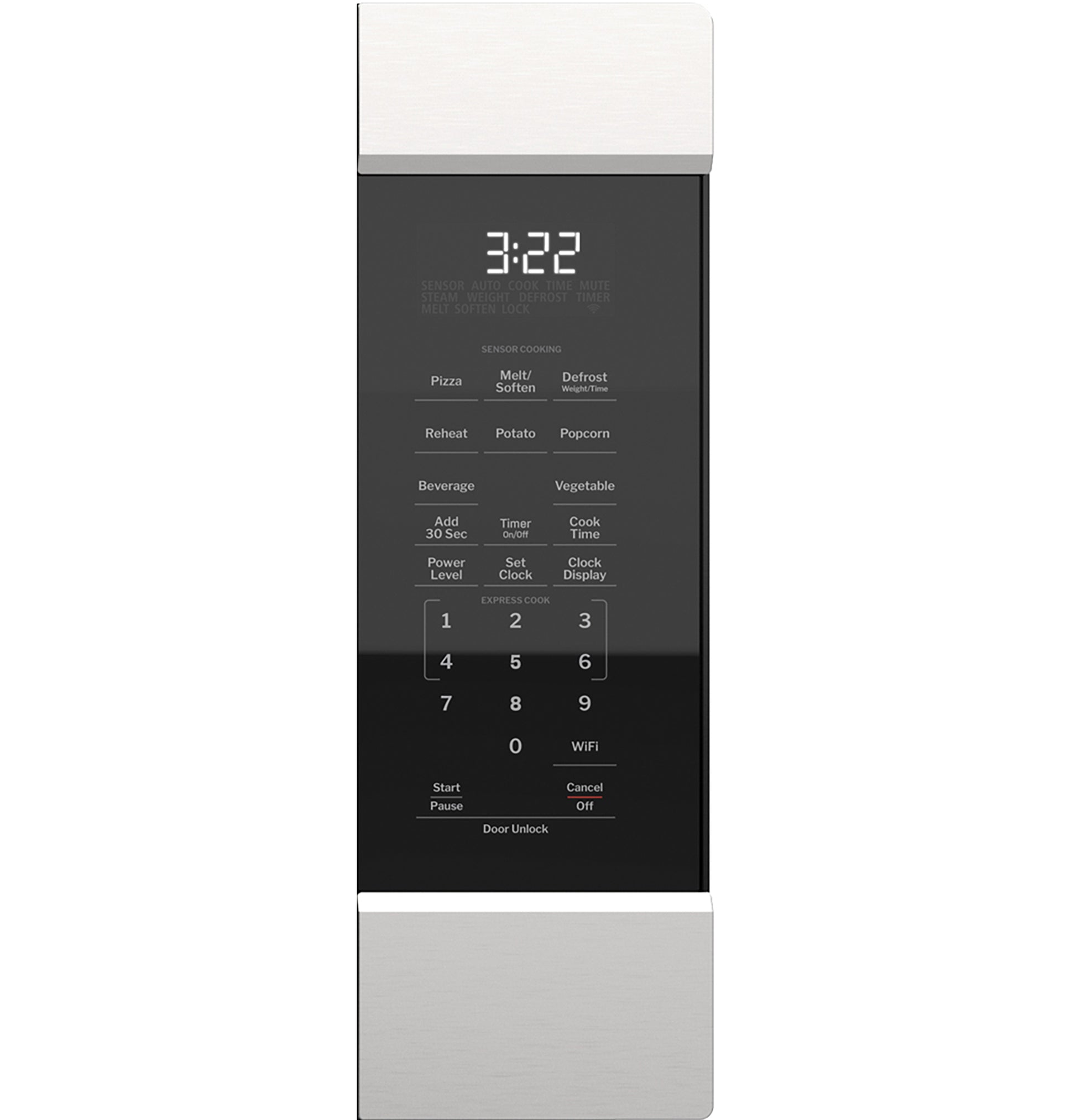 Close-up of a stainless steel microwave control panel with digital display and preset cooking options in kitchen appliance setting