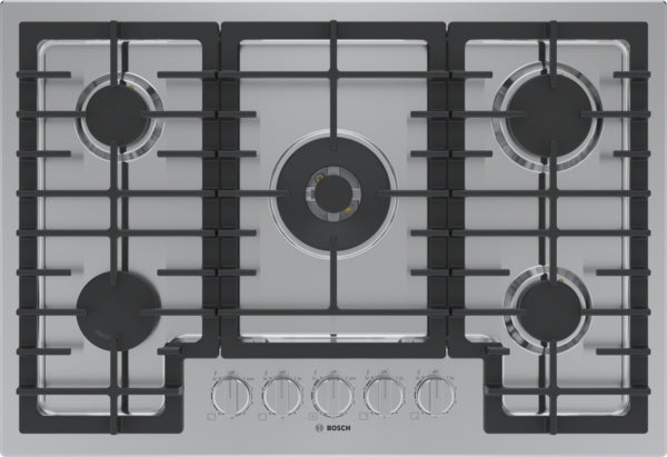 Stainless steel 30-inch gas cooktop with five burners and black cast iron grates from Bosch appliances collection