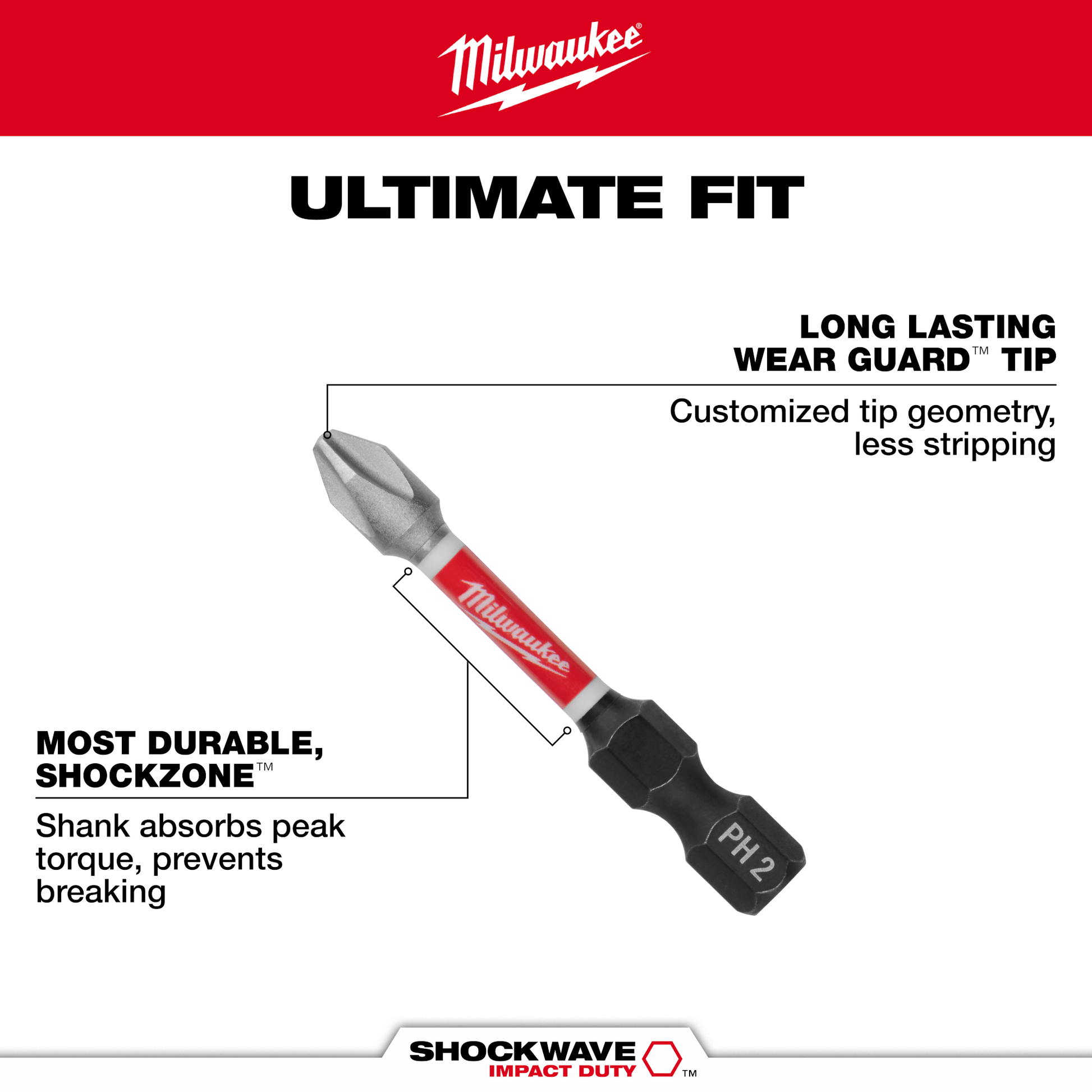 Close-up of red and black Milwaukee SHOCKWAVE Impact Duty driver bit with Wear Guard tip and Shockzone shank for tool accessories collections