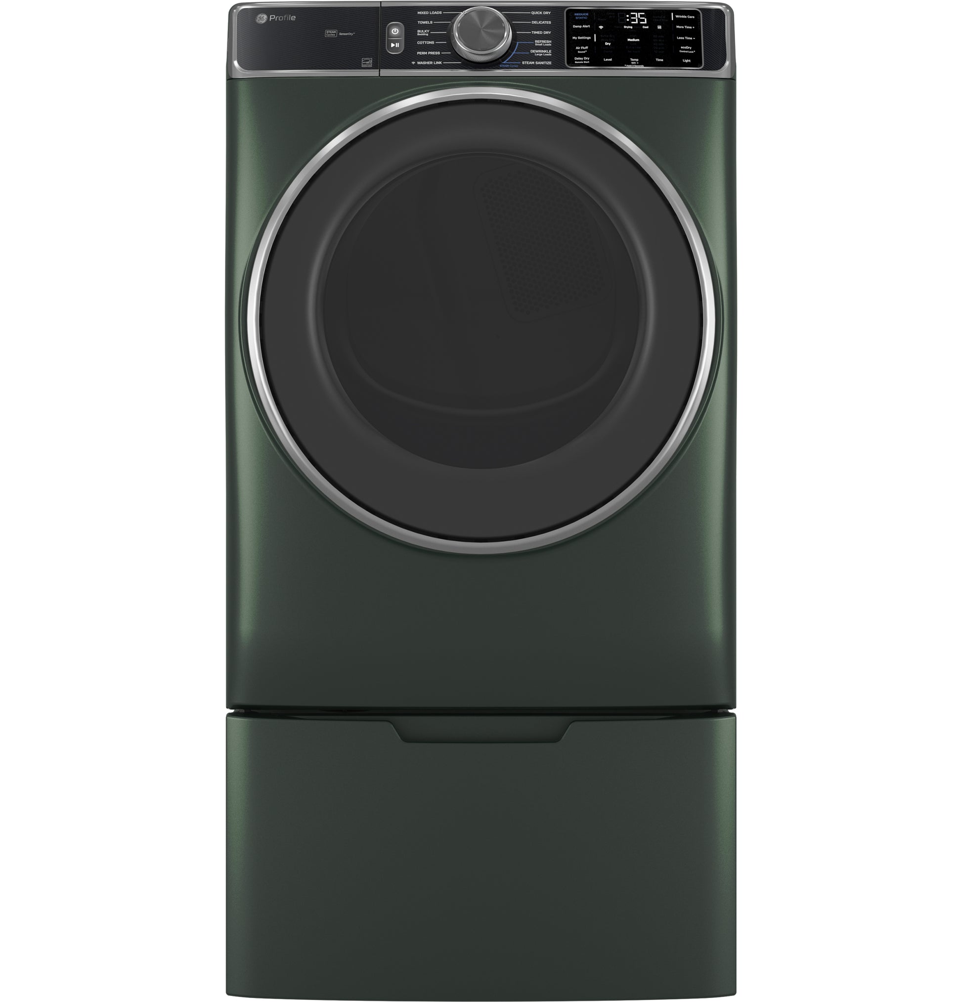 Front load smart gas dryer in dark green with digital control panel and large round door in Dryers and Appliances collection