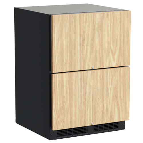 24-inch built-in refrigerated drawers with adjustable dividers and wood grain front panels in kitchen appliances collection