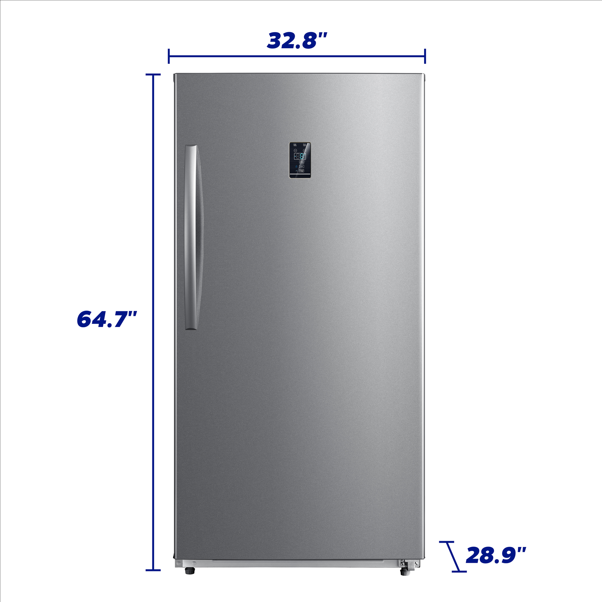 Front view of a stainless steel upright convertible freezer with digital control panel and dimensions, part of Freezers & Ice Makers, Upright Freezers, Kitchen & Kitchenware, Appliances collections at Hartville Hardware.