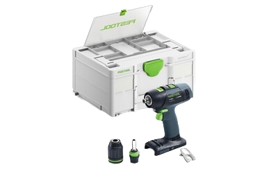 Cordless drill with brushless motor and FastFix attachments, displayed with compact storage case for power tools collection
