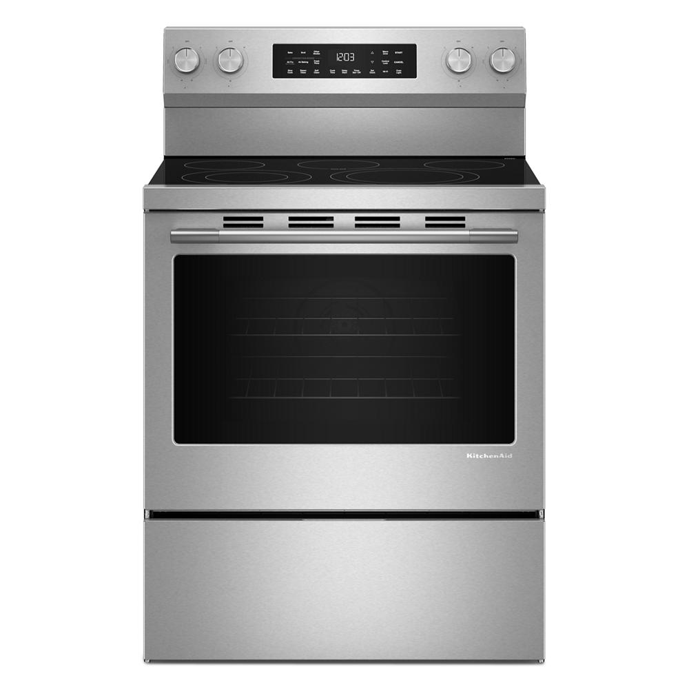 Front view of a stainless steel 30-inch smart electric range with four control knobs, digital display, and large oven window, ideal for electric ranges, KitchenAid, appliances, and kitchenware collections.