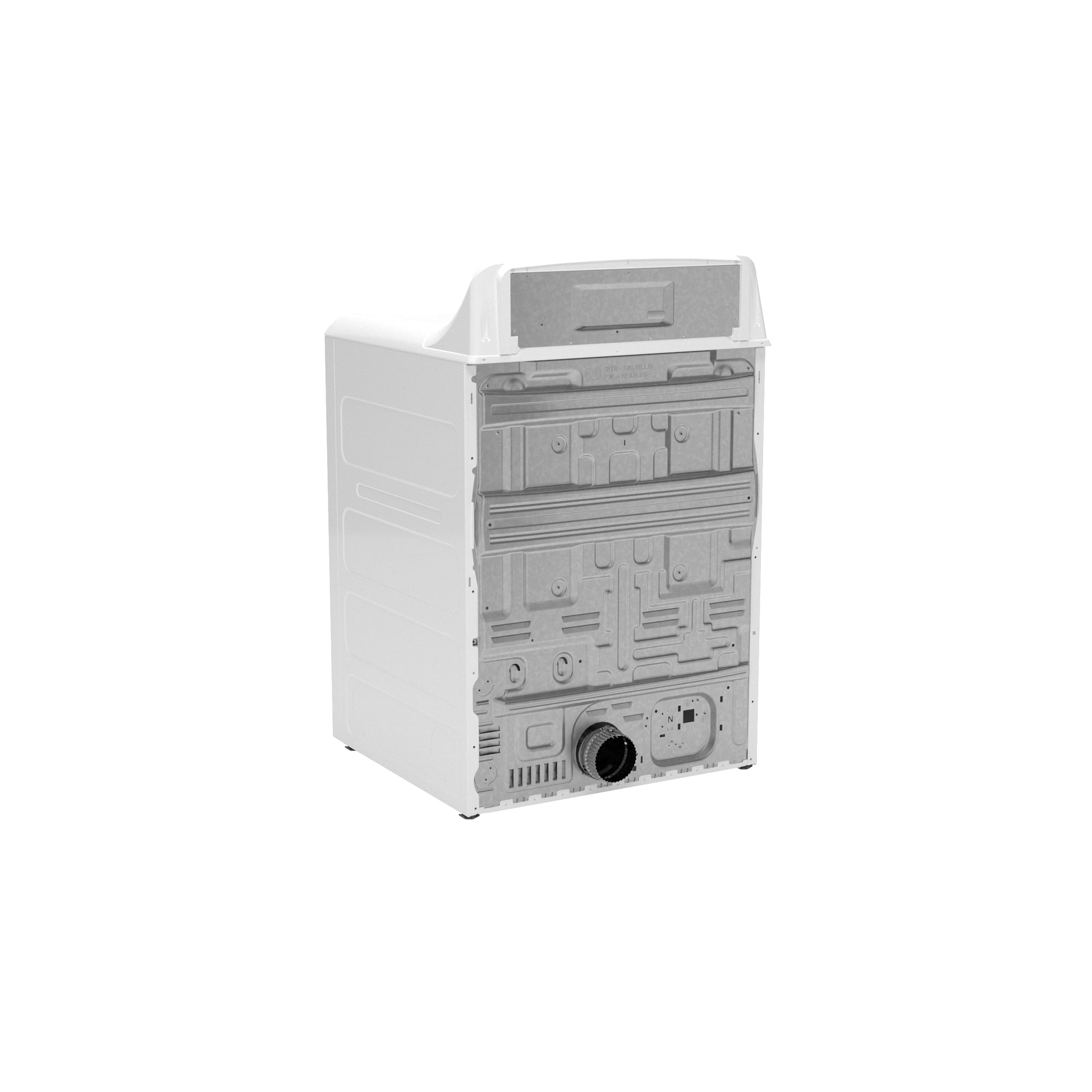 Rear view of white GE electric dryer showing vent connection and ventilation panels from Dryers and Appliances collection