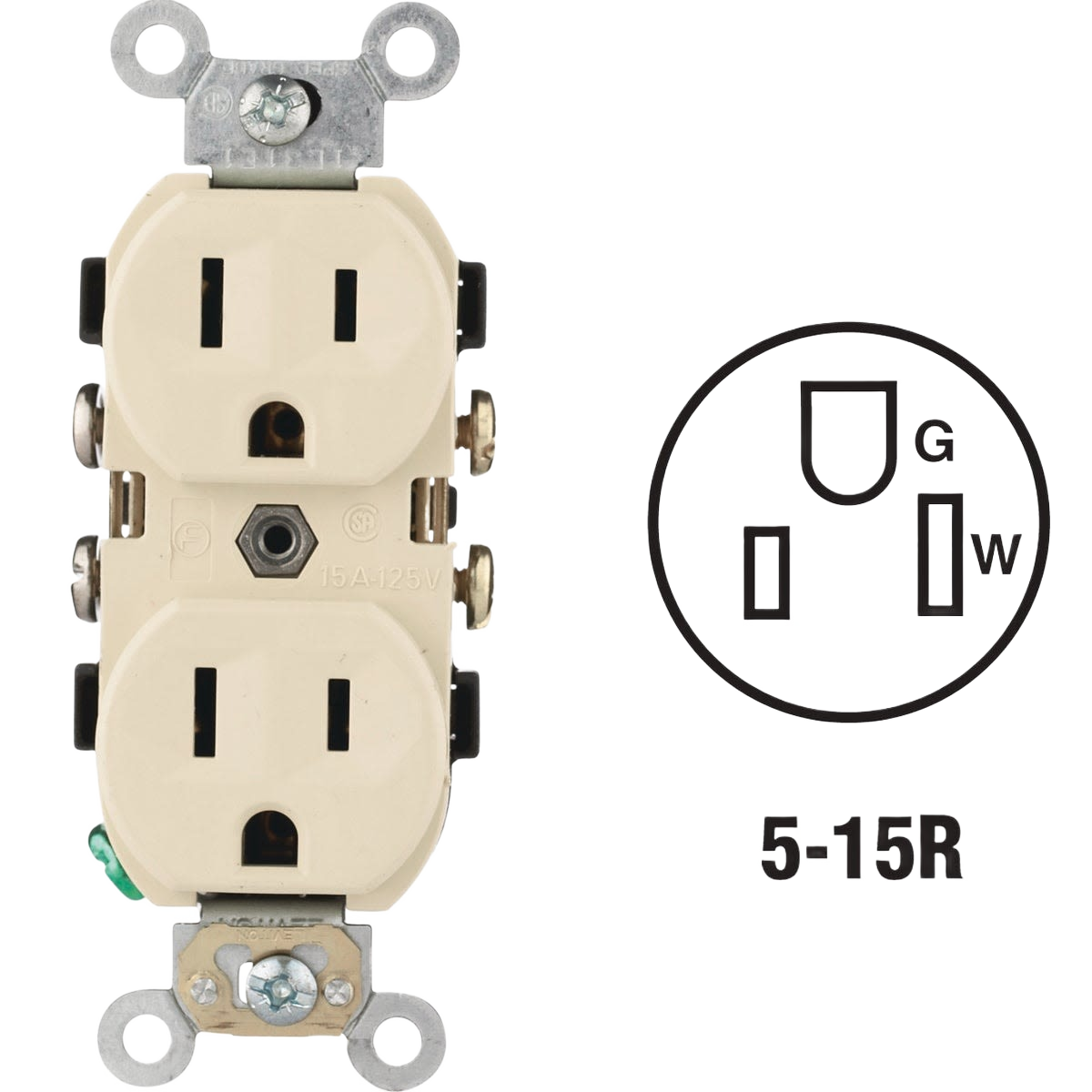 Ivory commercial duplex outlet with side wiring, large-head screws, suitable for electrical and home improvement projects under $50 collections