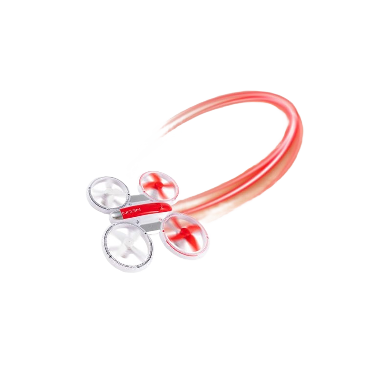 Red and white compact quadcopter drone with glowing flight trail in vehicles and remote controlled toys collection