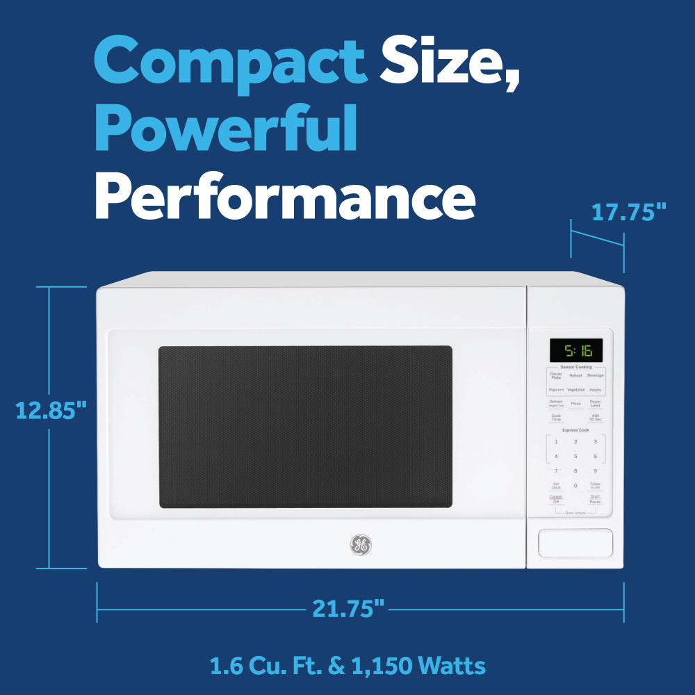 White countertop microwave with digital keypad and display showcasing compact size and power specifications in kitchenware category