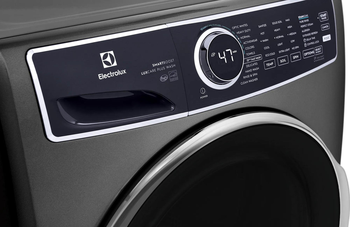 Dark gray Electrolux front load washer control panel with digital display and cycle selection from front load washers collection