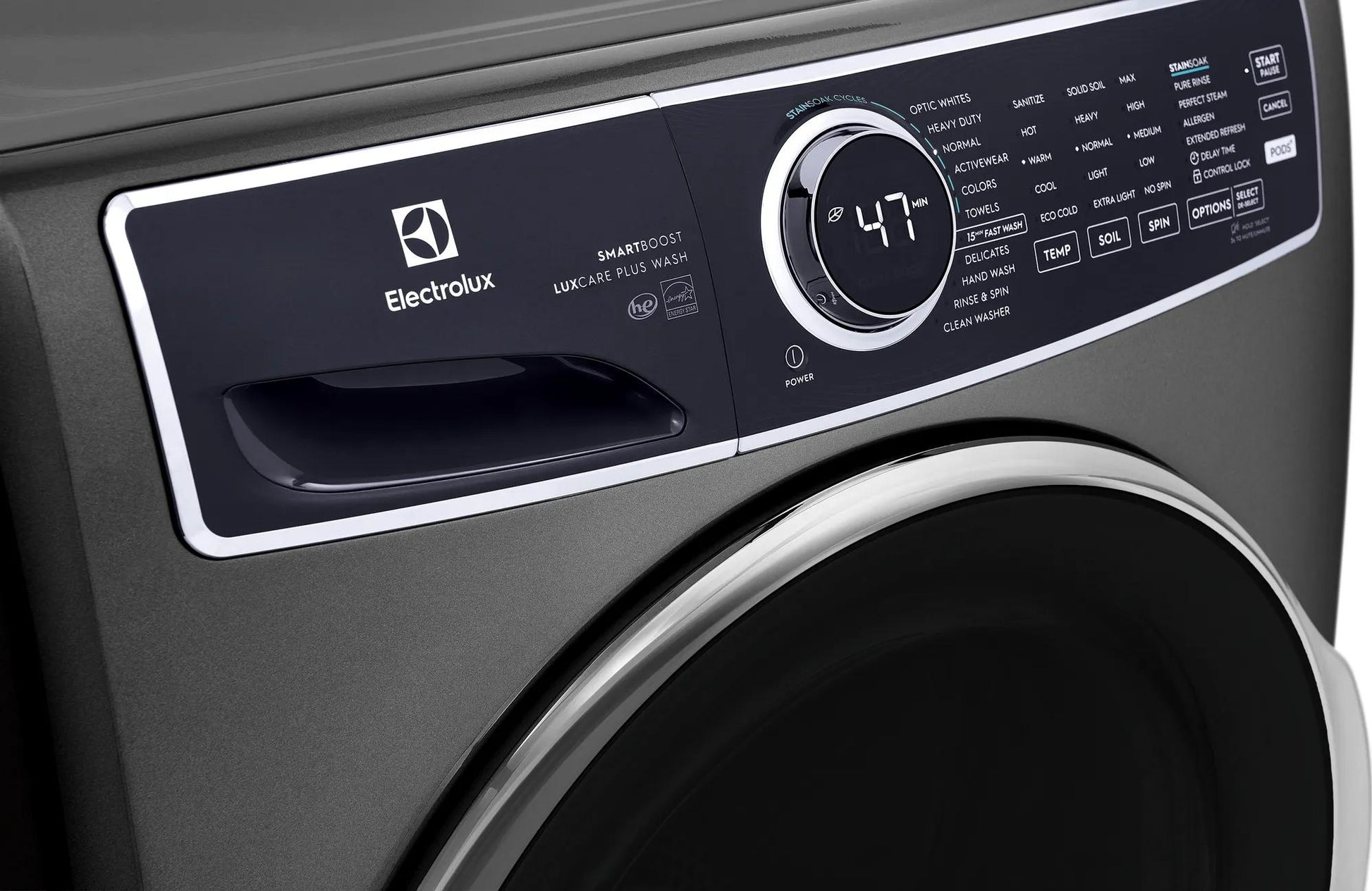 Dark gray Electrolux front load washer control panel with digital display and cycle selection from front load washers collection
