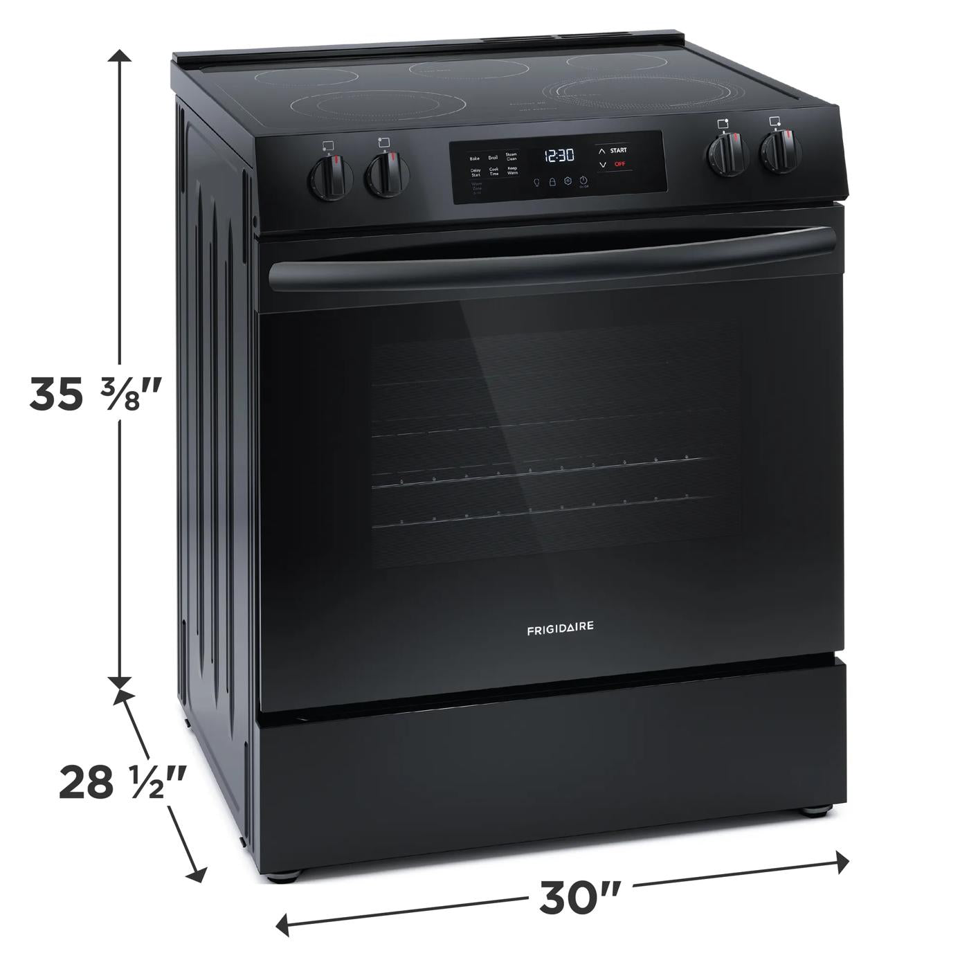Black 30-inch front control electric range with digital display and smooth cooktop, part of kitchen appliances collection