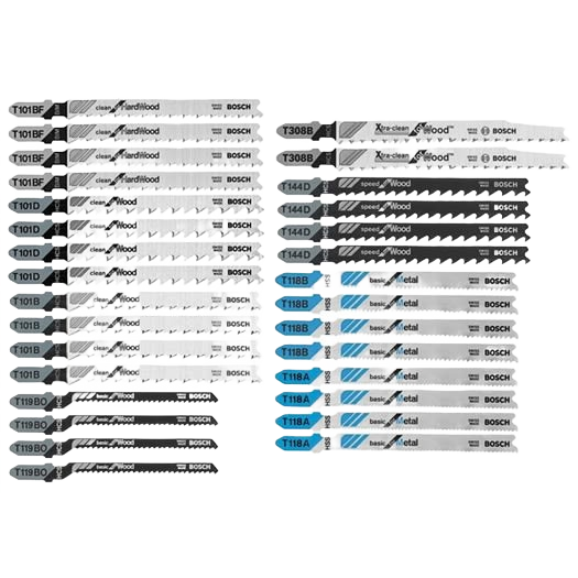 Varied Bosch T-shank jigsaw blades set for woodworking and metal cutting in power tool accessories collections