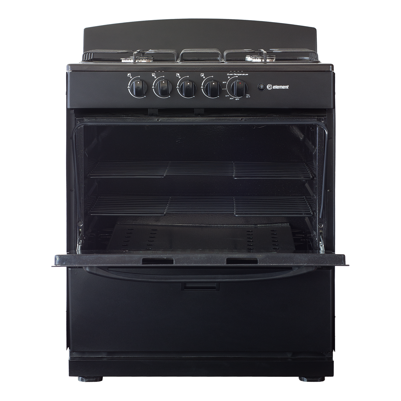 Black 30-inch gas range with four burners, front control knobs, open oven door showing spacious interior with multiple racks, for Ranges, Gas Ranges, Kitchen & Kitchenware, Appliances collections.