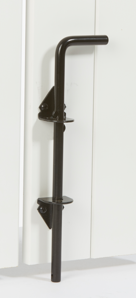 Black steel cane bolt with mounting brackets for securing interior or exterior doors in home improvement projects