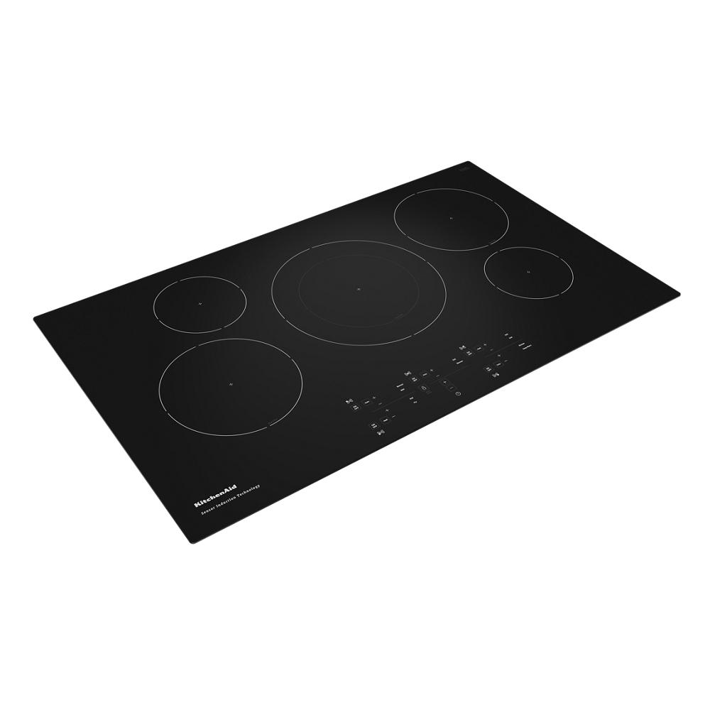 36-inch black glass sensor induction cooktop with five cooking elements and touch control panel from KitchenAid collection