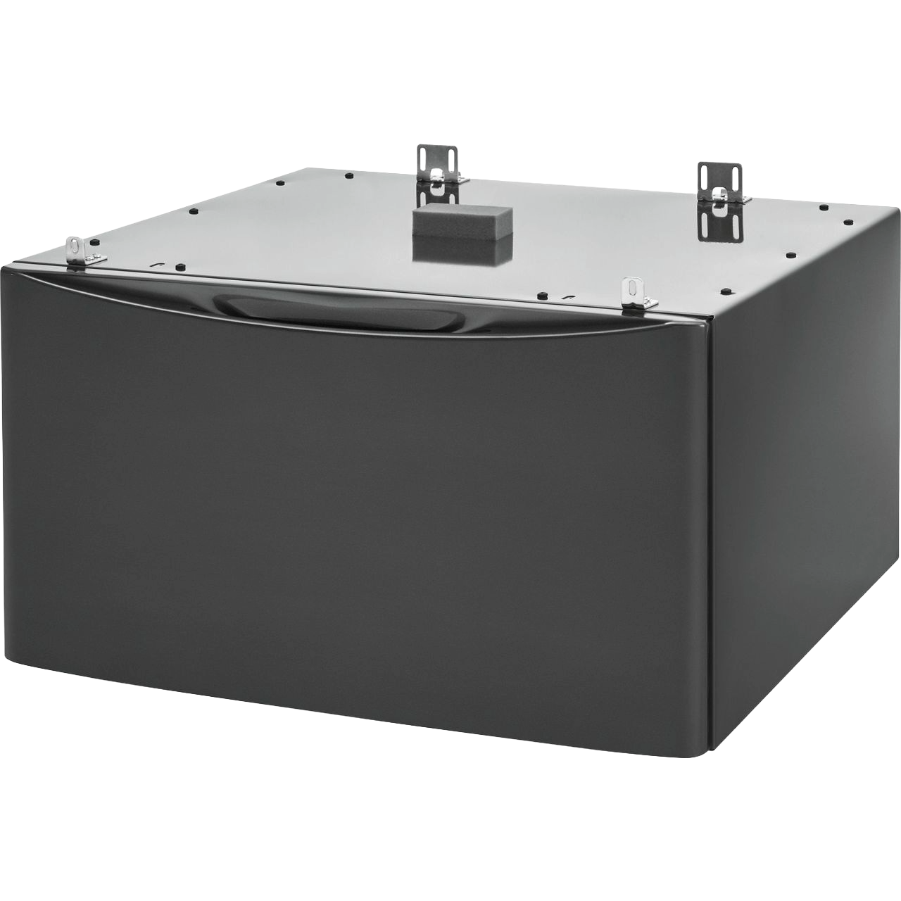 Black Electrolux laundry pedestal with storage drawer and mounting brackets for washer or dryer accessory use