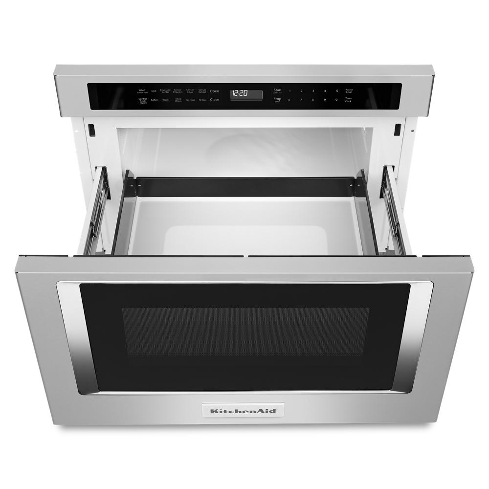 Top view of stainless steel microwave drawer with digital controls from KitchenAid built-in microwave collection