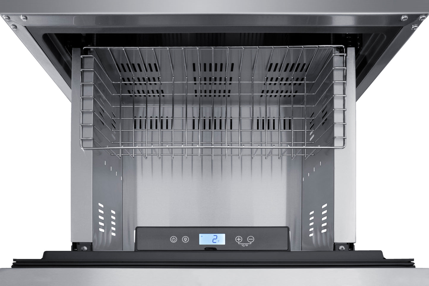 Open top freezer drawer with metal wire basket and digital temperature display, designed for kitchen appliance integration