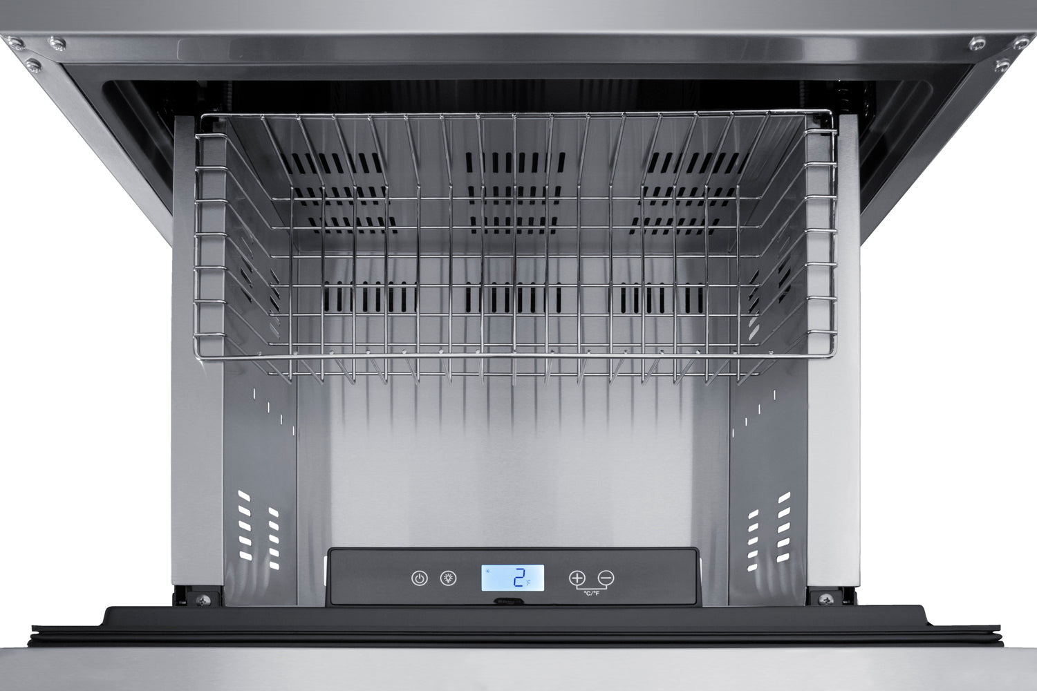 Open top freezer drawer with metal wire basket and digital temperature display, designed for kitchen appliance integration
