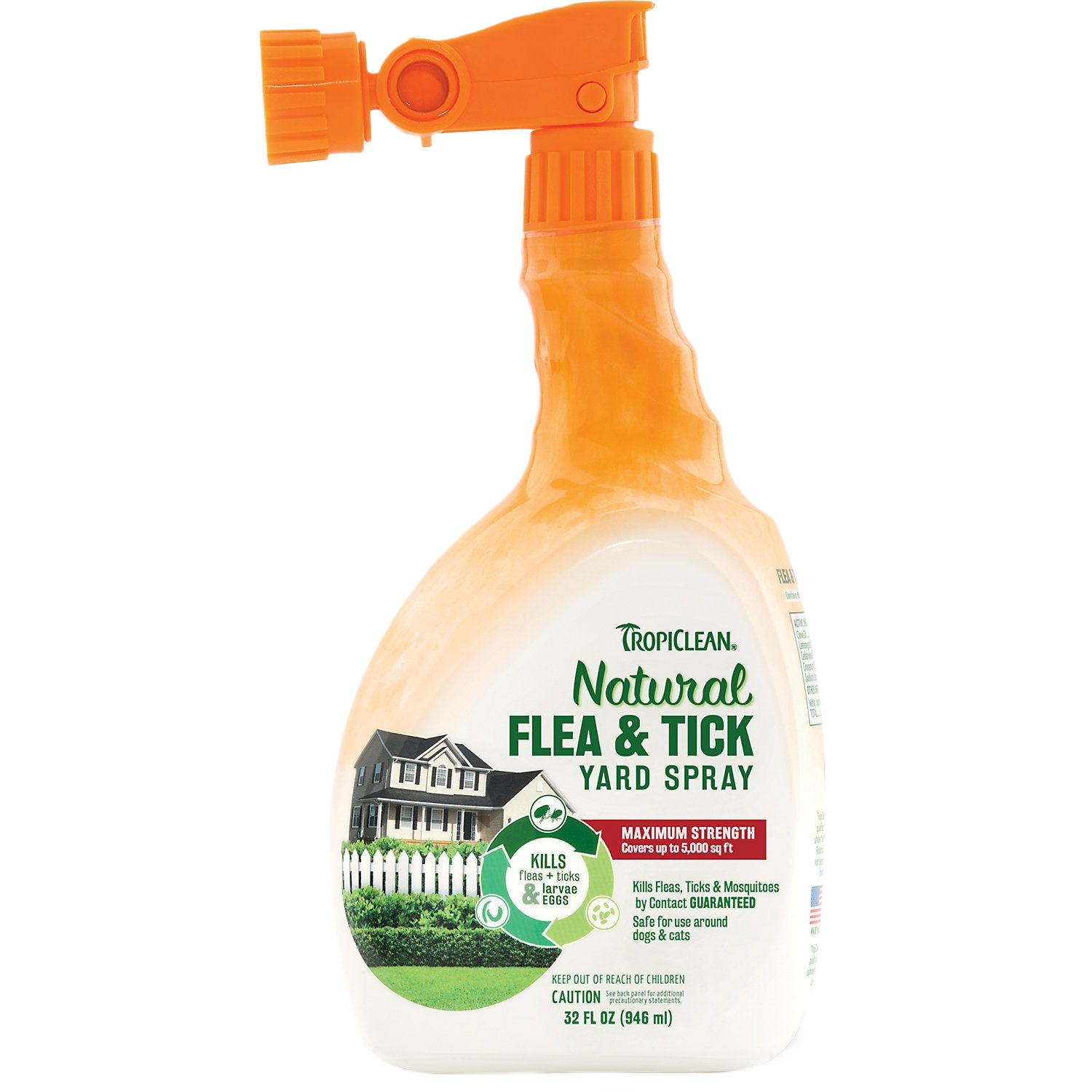Orange and white 32 oz spray bottle of natural flea and tick yard treatment for outdoor pest control