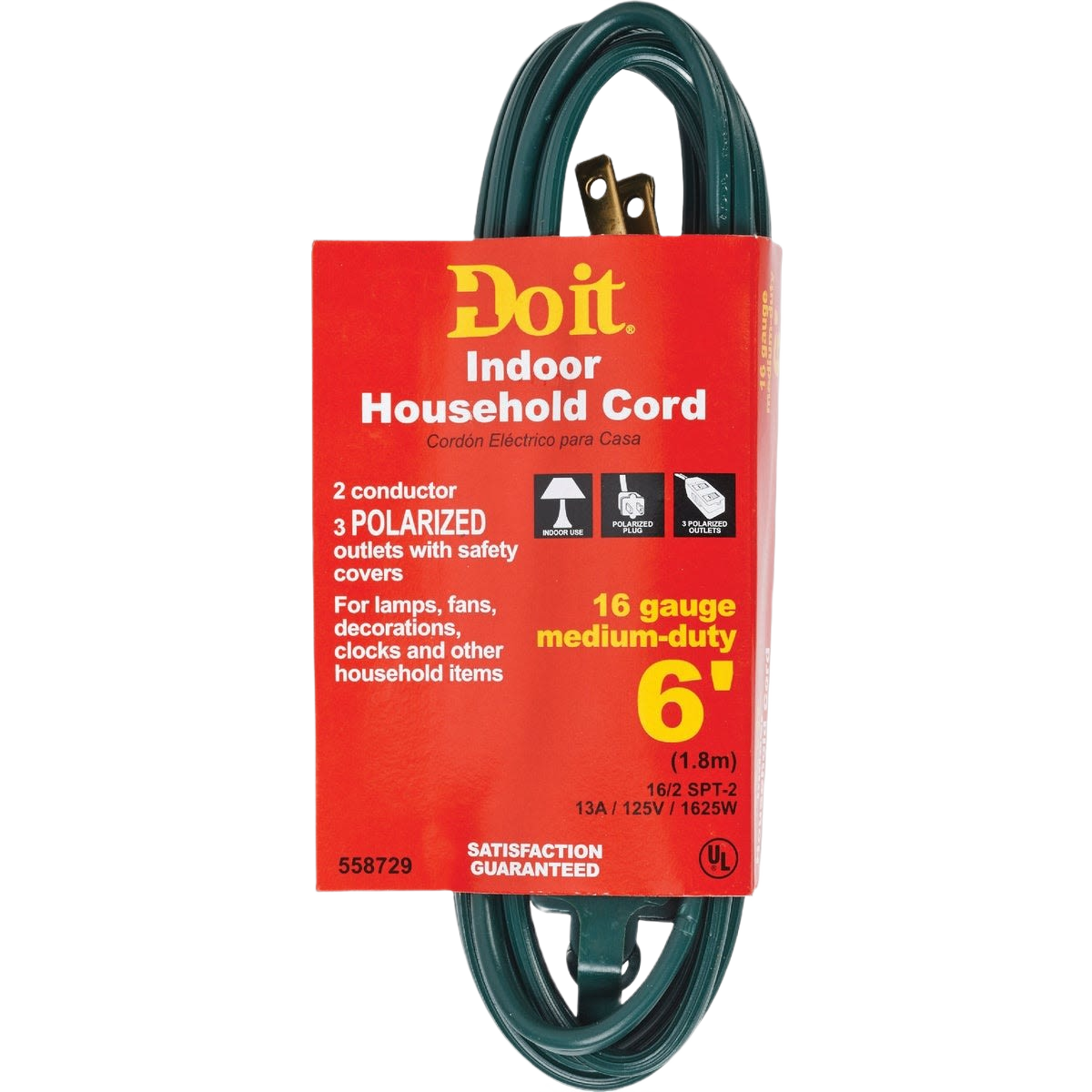 Green medium-duty 16-gauge indoor extension cord with three polarized outlets for household electrical use under $50