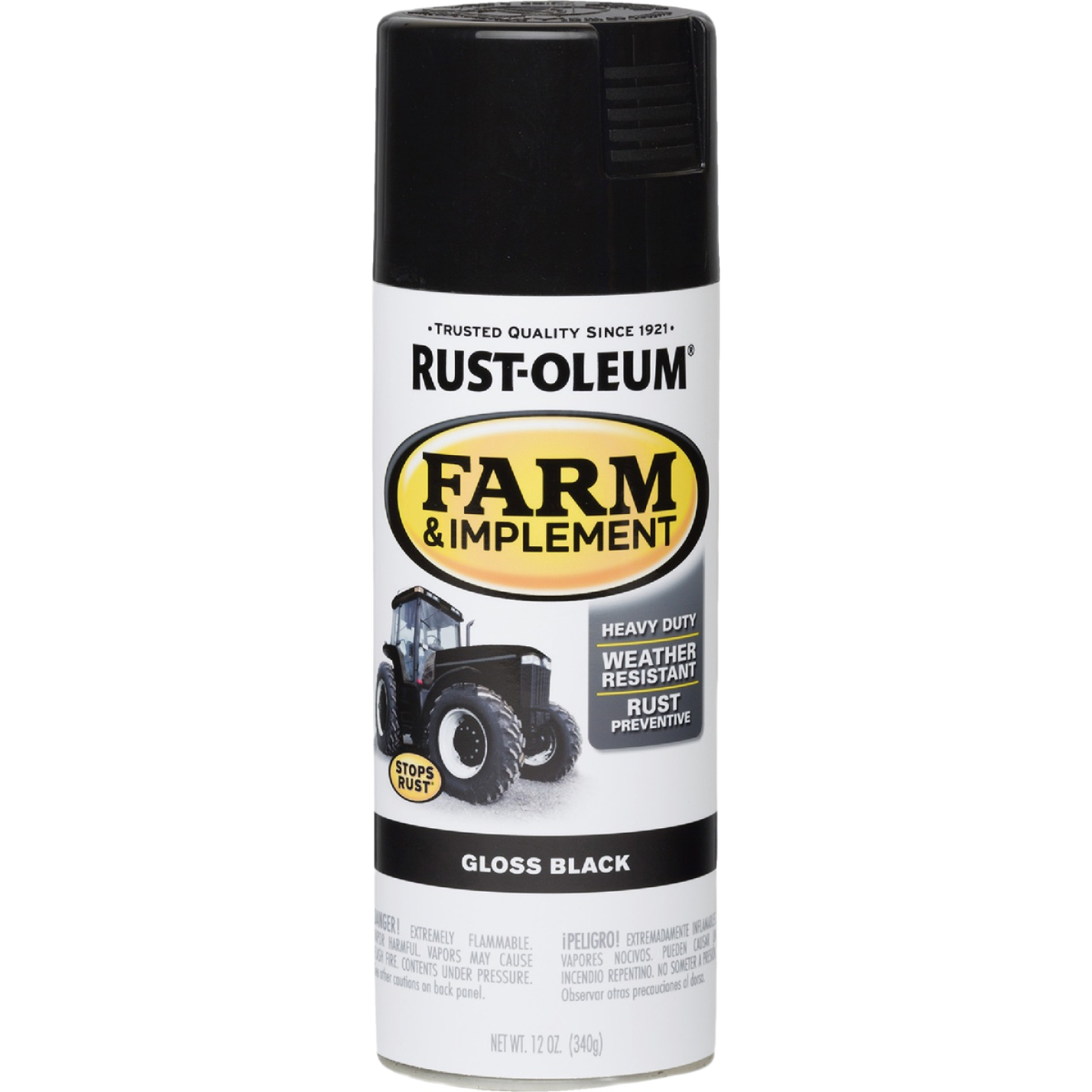 Rust-Oleum gloss black spray paint can for heavy-duty, weather-resistant farm equipment protection in Spray Paint collection