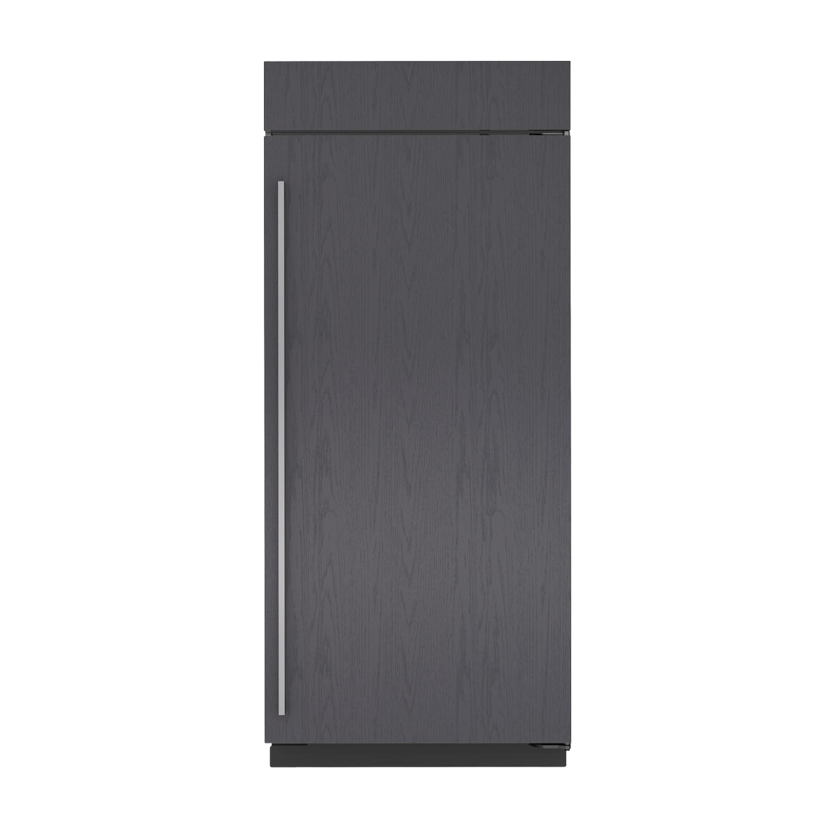 Built-in refrigerator with dark custom wood panel front and sleek vertical handle in appliances collection