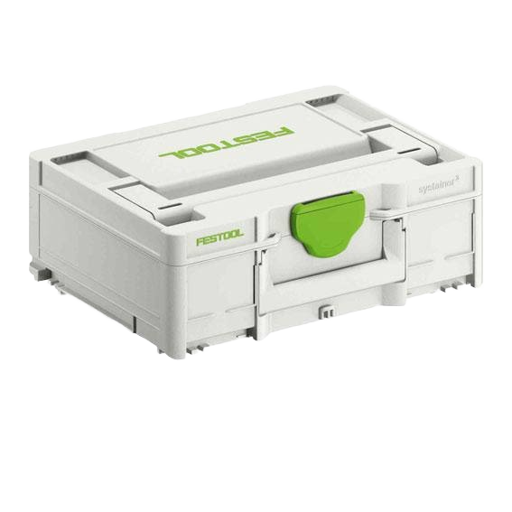 Compact gray and green interlocking storage box for workshop organization and jobsite tool storage tasks