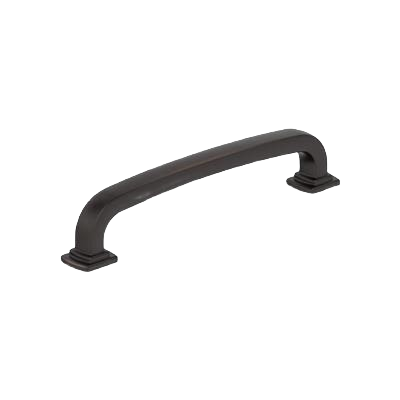 Oil-rubbed bronze cabinet pull with curved design and squared ends for furniture and home improvement projects