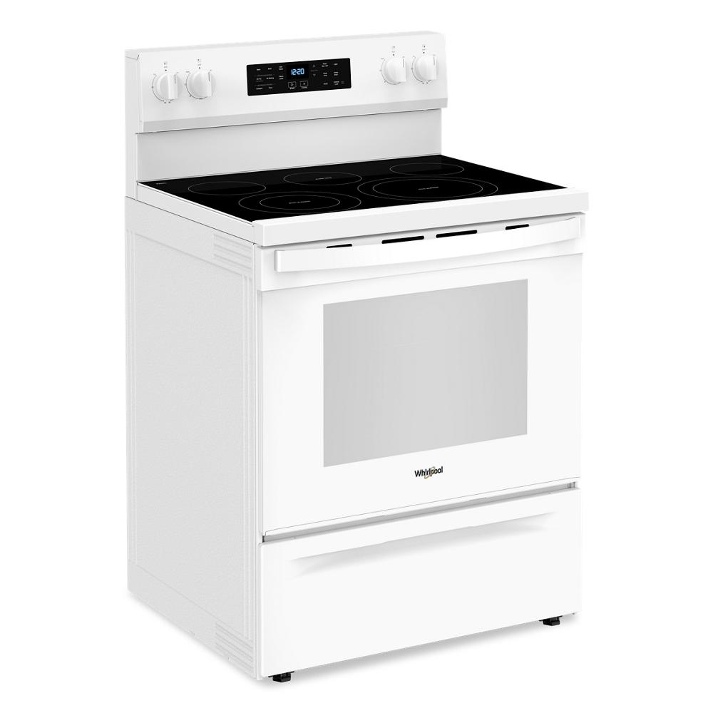 White 30-inch electric range with smooth glass cooktop, digital control panel, and oven door in kitchen appliances collection