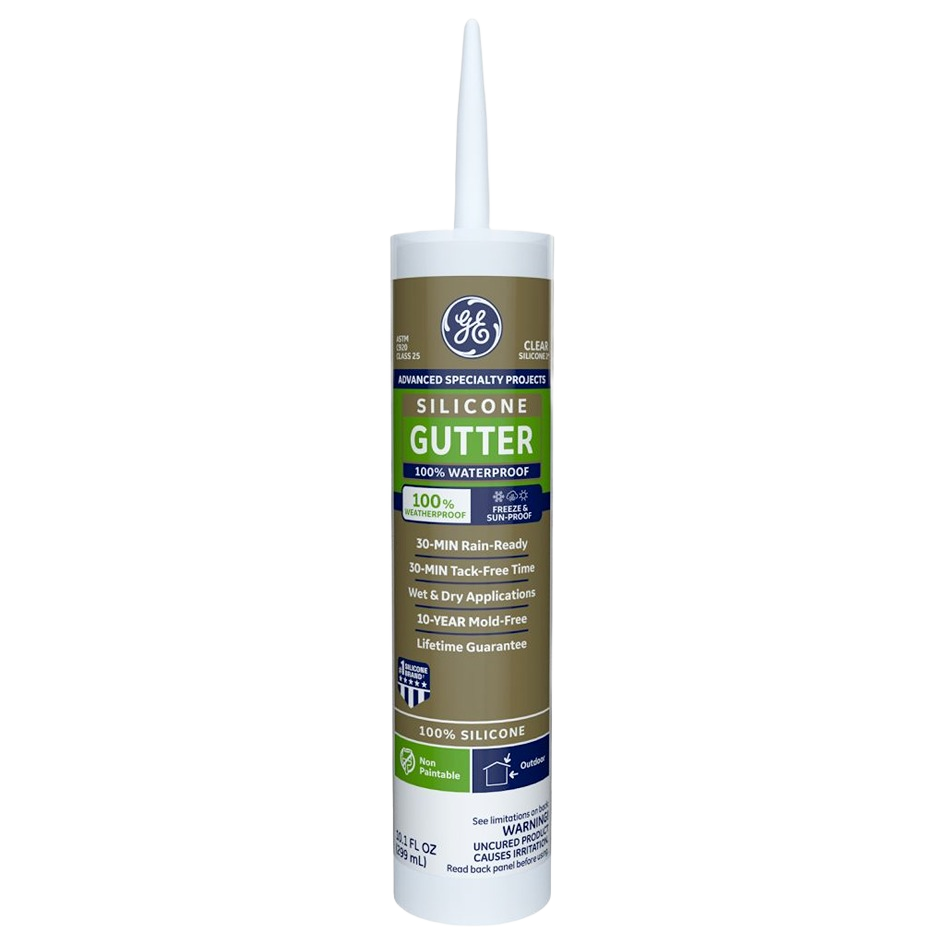 Tube of clear silicone gutter sealant with waterproof and mold-resistant features for home improvement tasks