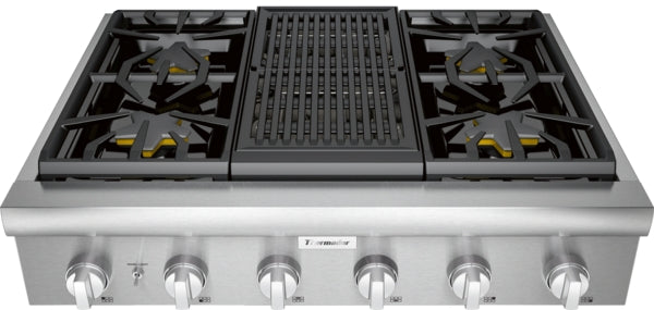 36-inch stainless steel gas rangetop with star burners and central griddle from cooktops and kitchenware collection