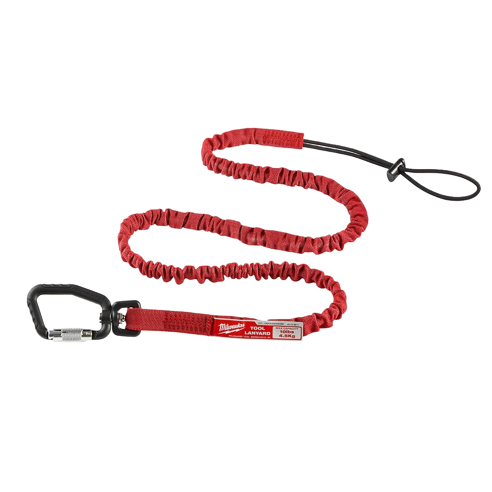 Red extended reach tool lanyard with black locking carabiner for safety equipment in hardware and PPE collections