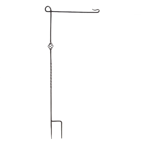 Cast steel garden flag stand with decorative twist and sturdy dual-prong base for outdoor lawn and garden display