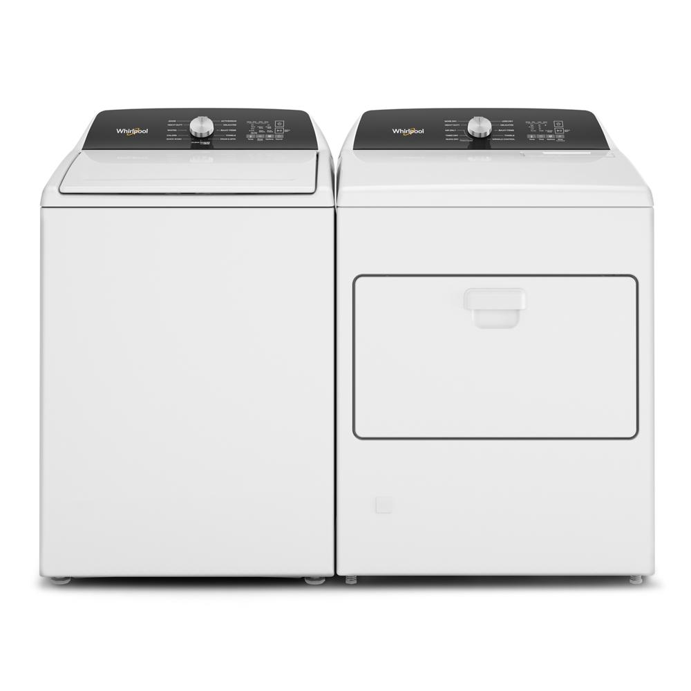 Front view of white matching washer and top load dryer with black control panels in appliances and washers collection