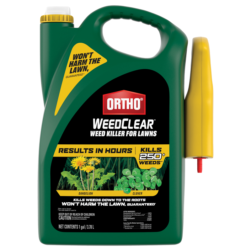 Green container of Ortho WeedClear weed killer spray with yellow trigger for lawn care under $50 and garden projects