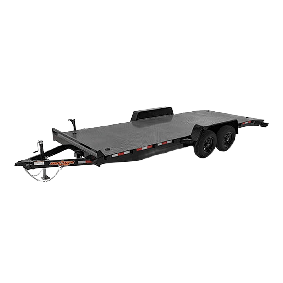 Black steel deck carhauler trailer with dual axles and gravity tilt feature for heavy-duty transport tasks