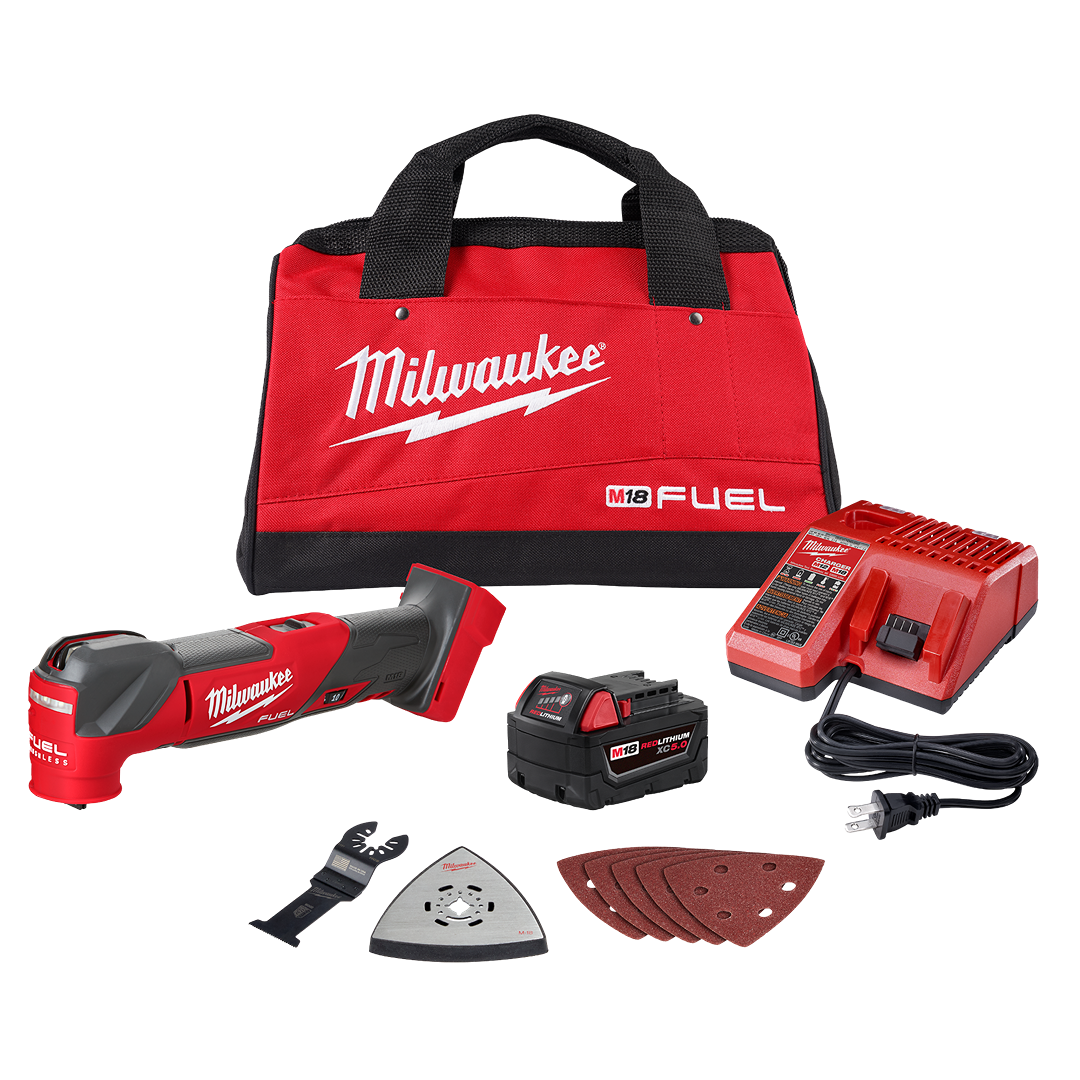 Red and black cordless oscillating tool kit with battery, charger, sanding pads, blade, and branded carrying bag for home improvement use