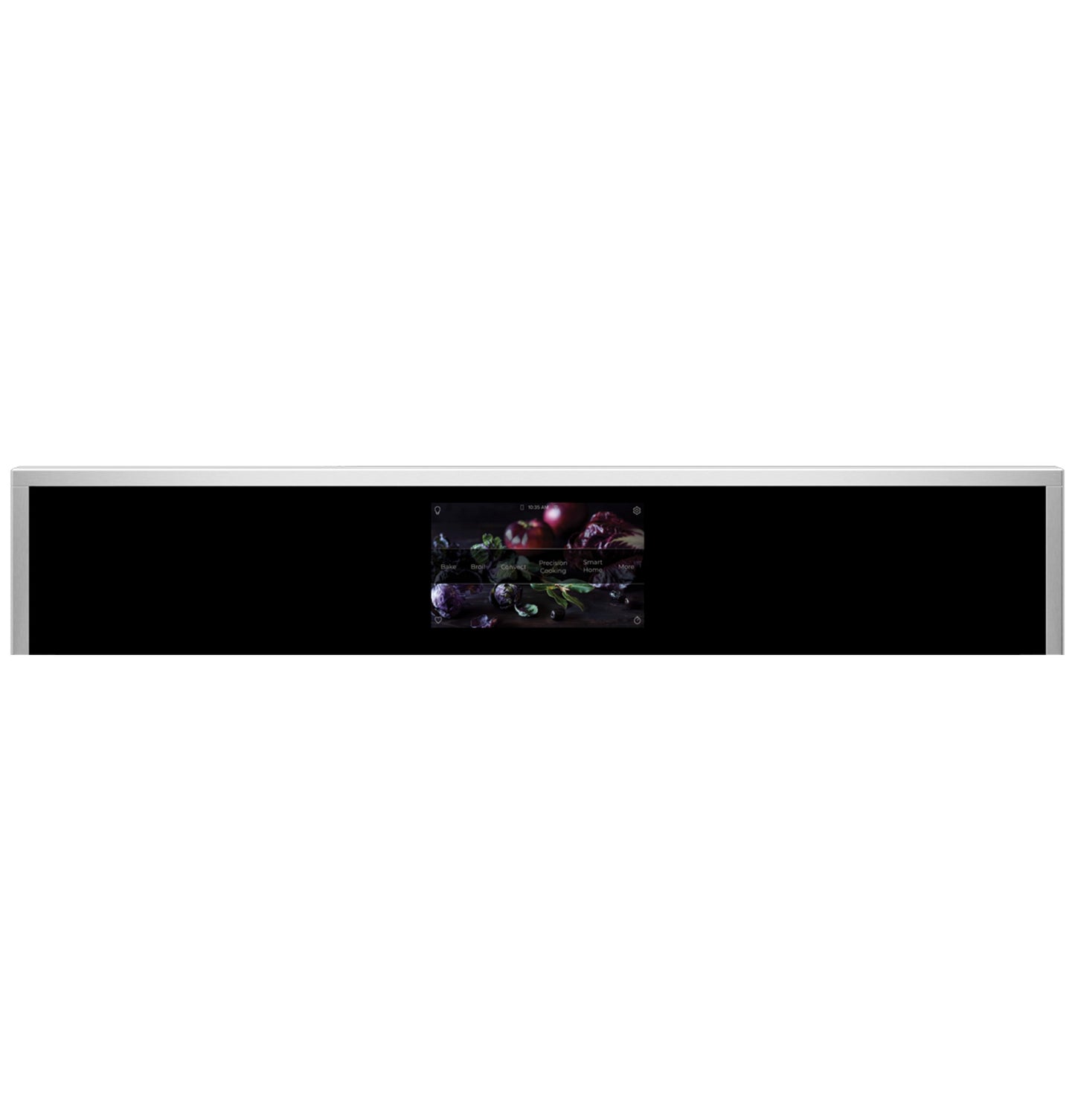 Front view of sleek Monogram minimalist single wall oven with touchscreen panel in kitchen appliances collection